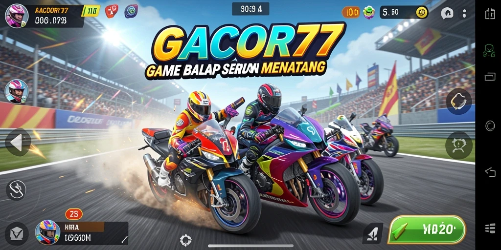 Gameplay seru GACOR77 dengan mobil cepat di trek balap.