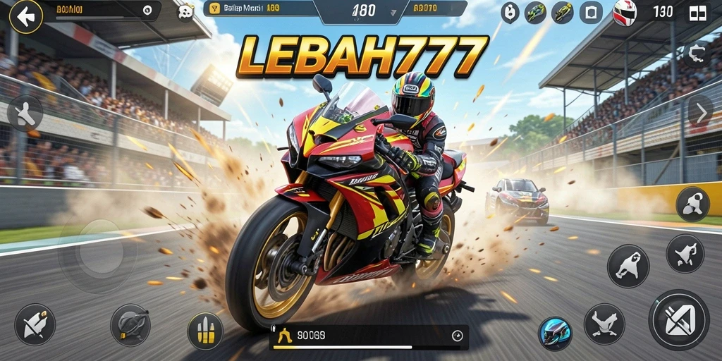 Screenshot LEBAH777 menampilkan aksi balapan motor yang mendebarkan.