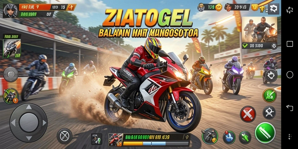 Screenshot utama ZIATOGEL menampilkan aksi balap motor yang mendebarkan.